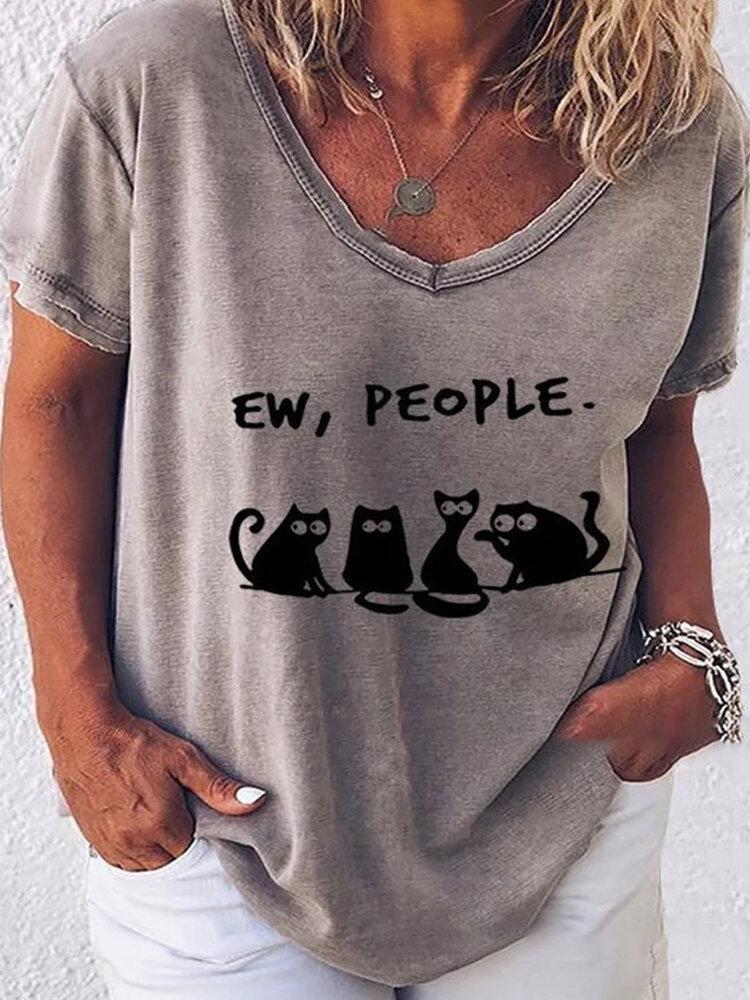 Cartoon Cat Printed Short Sleeve V-neck T-shirt For Women