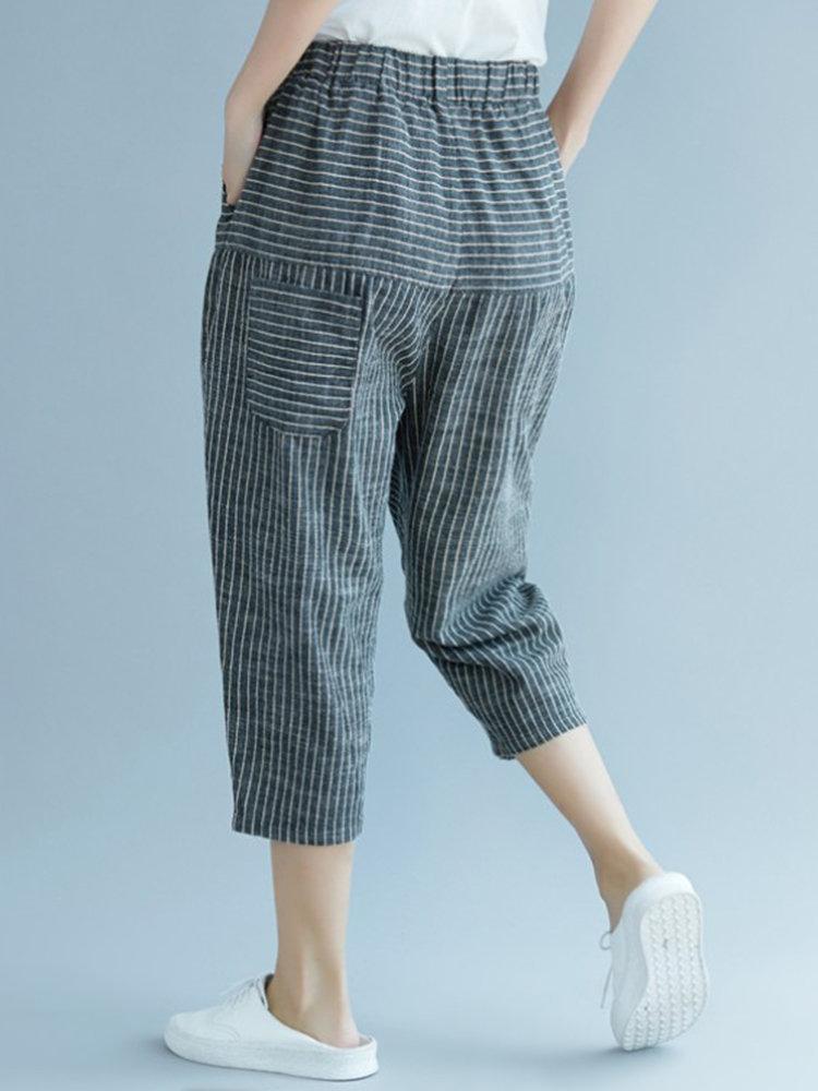 Elastic Waist Stripe Casual Harem Pants With Pockets