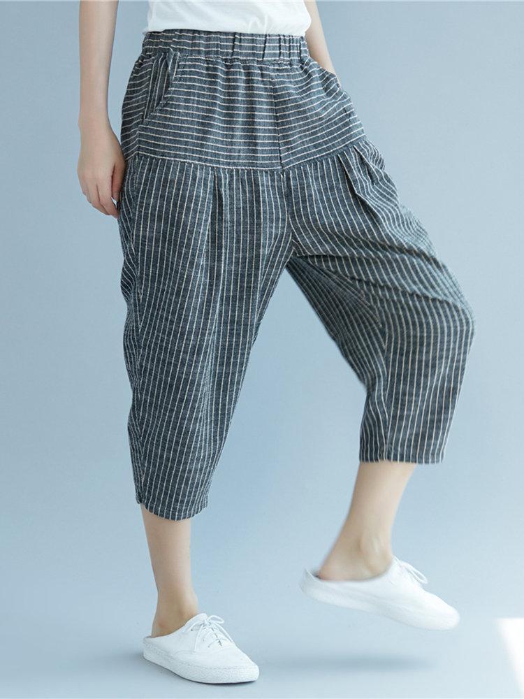 Elastic Waist Stripe Casual Harem Pants With Pockets