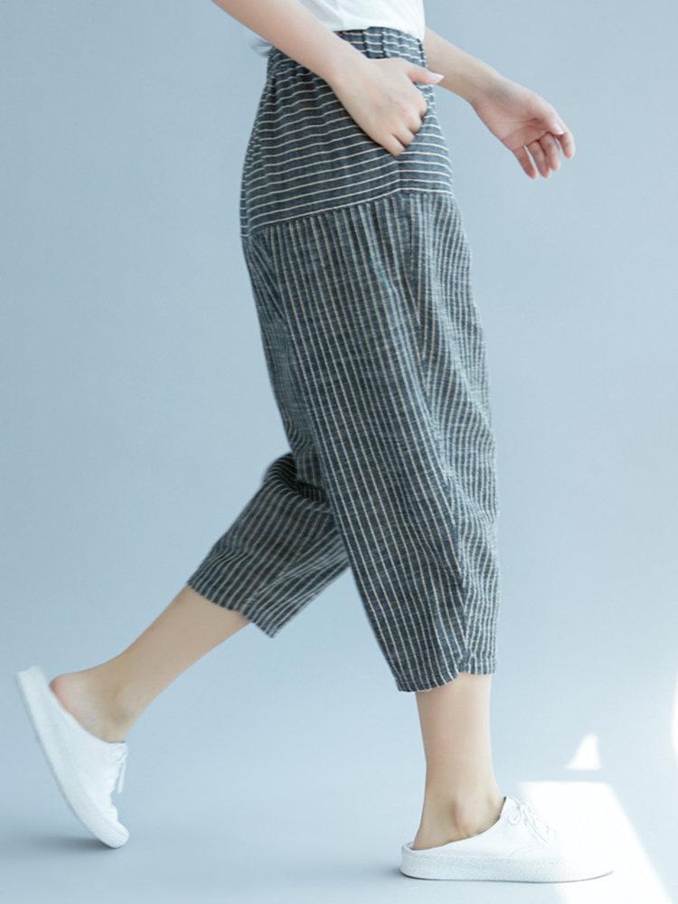 Elastic Waist Stripe Casual Harem Pants With Pockets