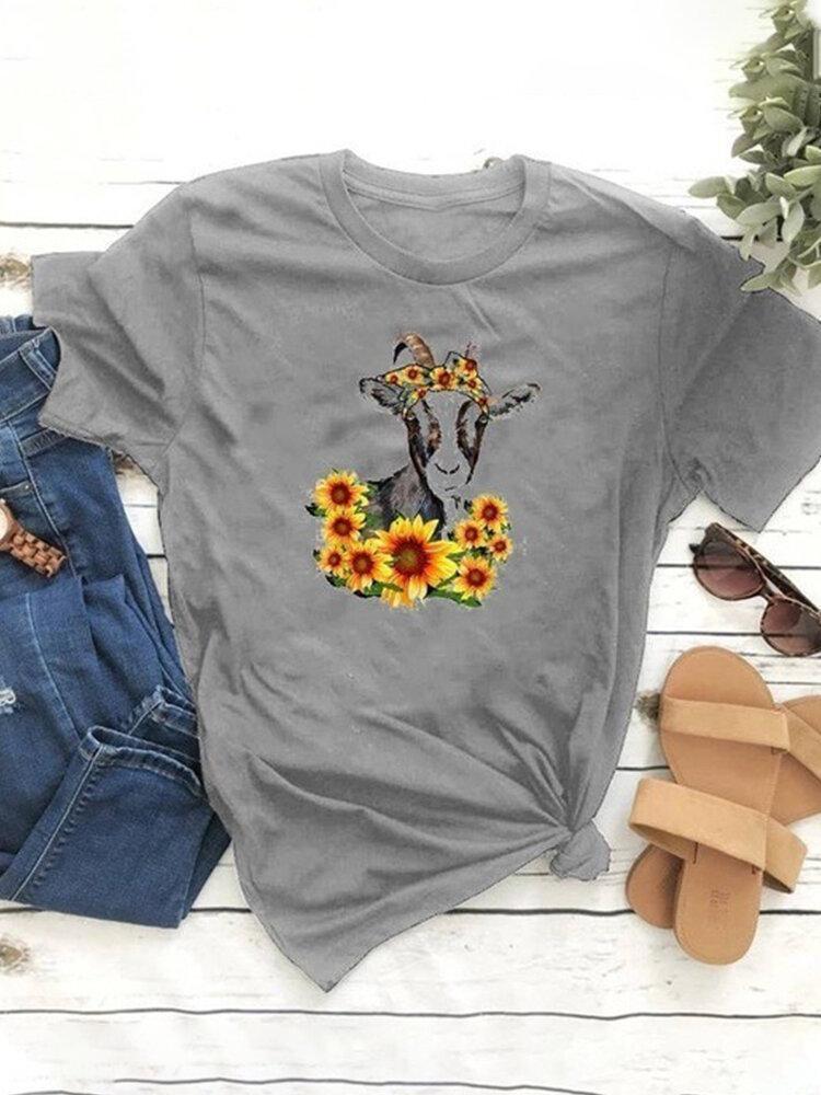 Animal Floral Printed O-Neck Short Sleeve T-shirt