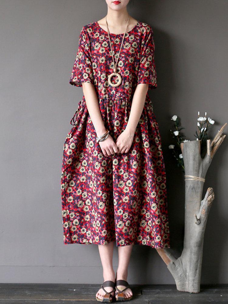 Vintage Casual Women Short Sleeve Floral Print Dresses