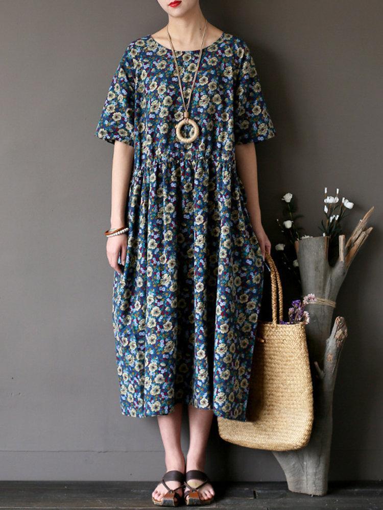 Vintage Casual Women Short Sleeve Floral Print Dresses