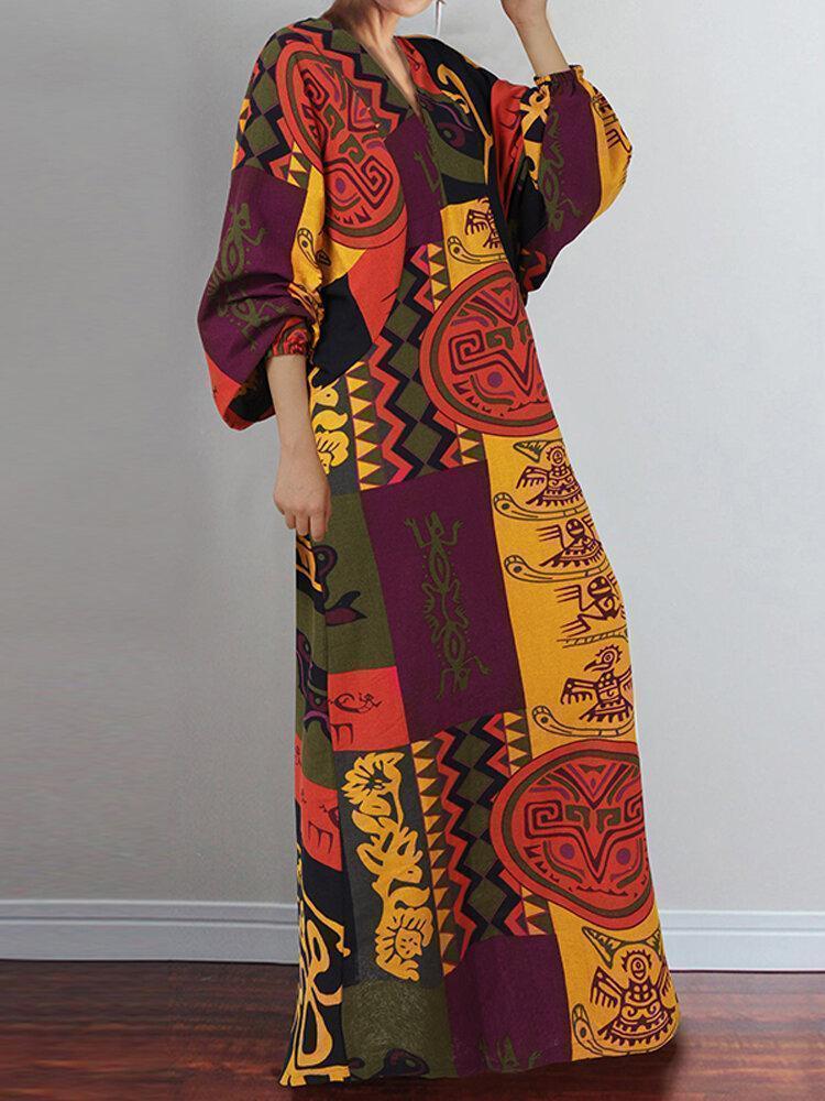 Vintage Printed V-neck Lantern Sleeve Maxi Dress