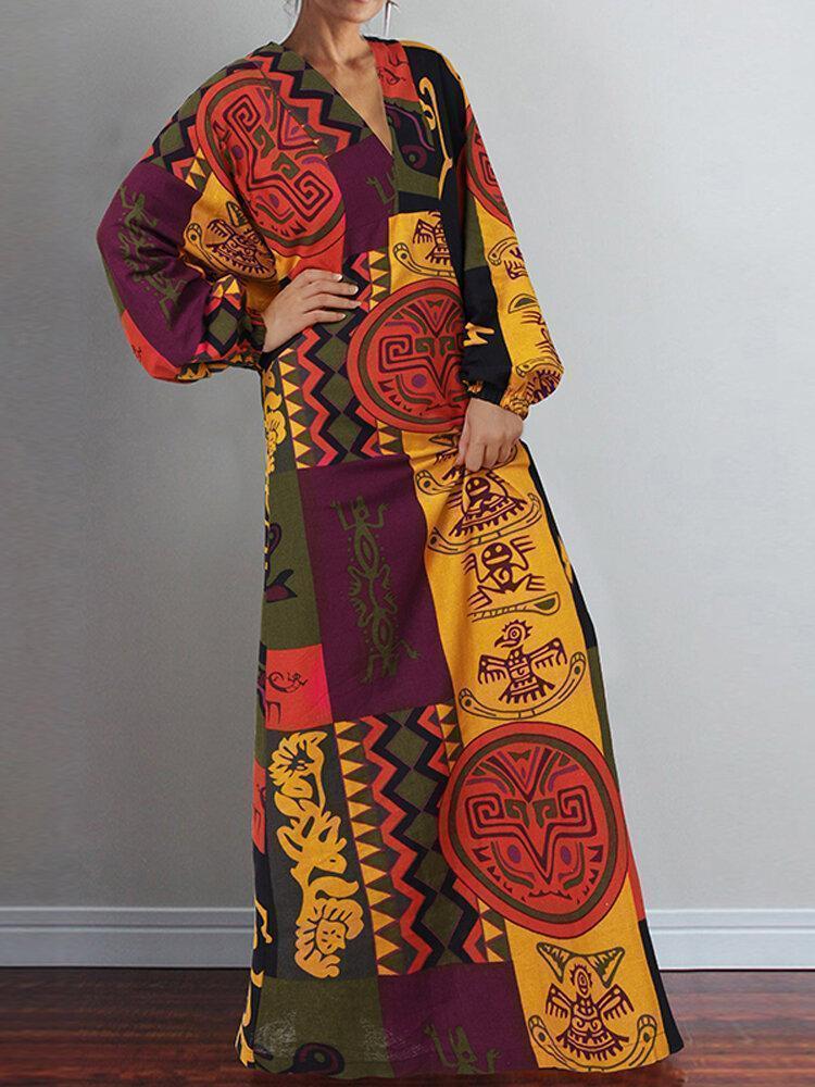 Vintage Printed V-neck Lantern Sleeve Maxi Dress