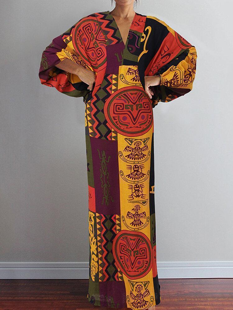 Vintage Printed V-neck Lantern Sleeve Maxi Dress