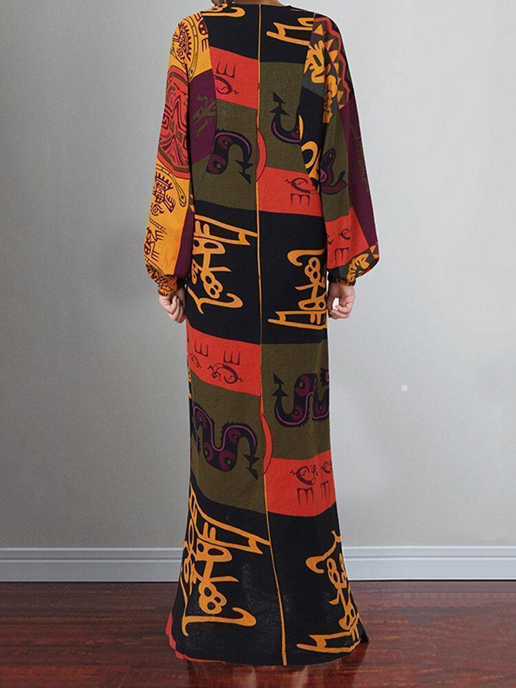 Vintage Printed V-neck Lantern Sleeve Maxi Dress