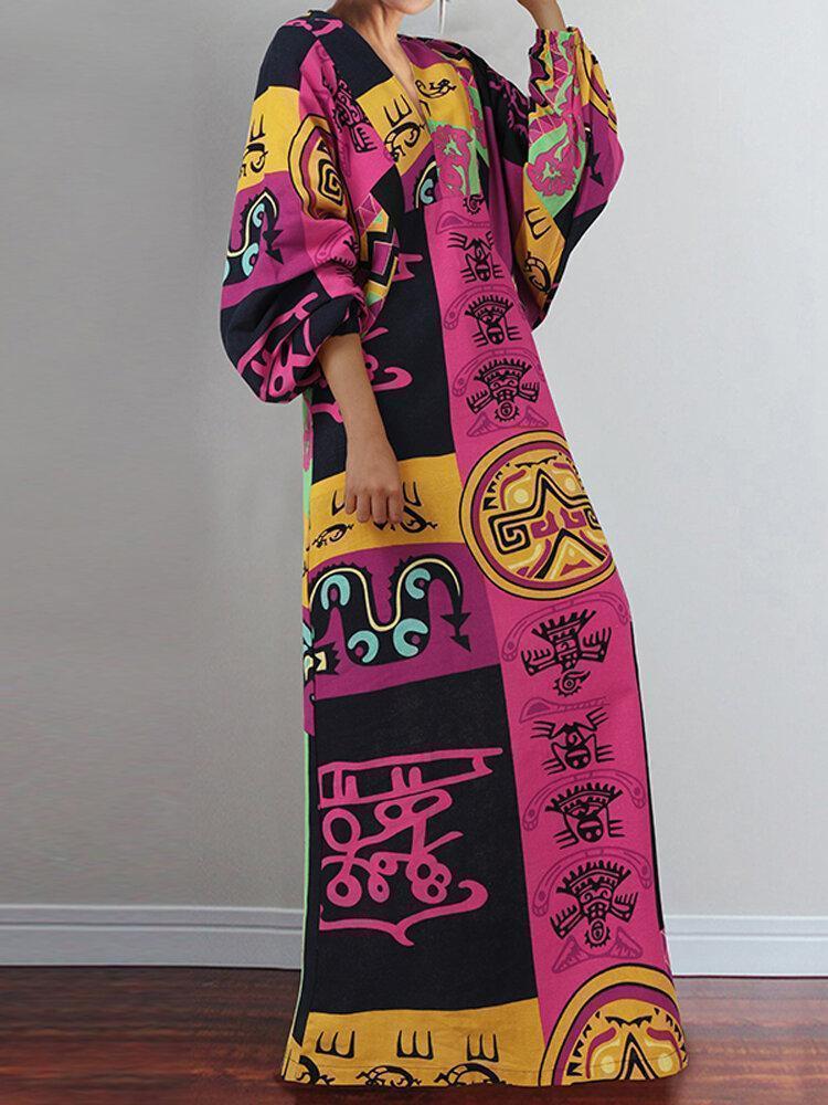 Vintage Printed V-neck Lantern Sleeve Maxi Dress