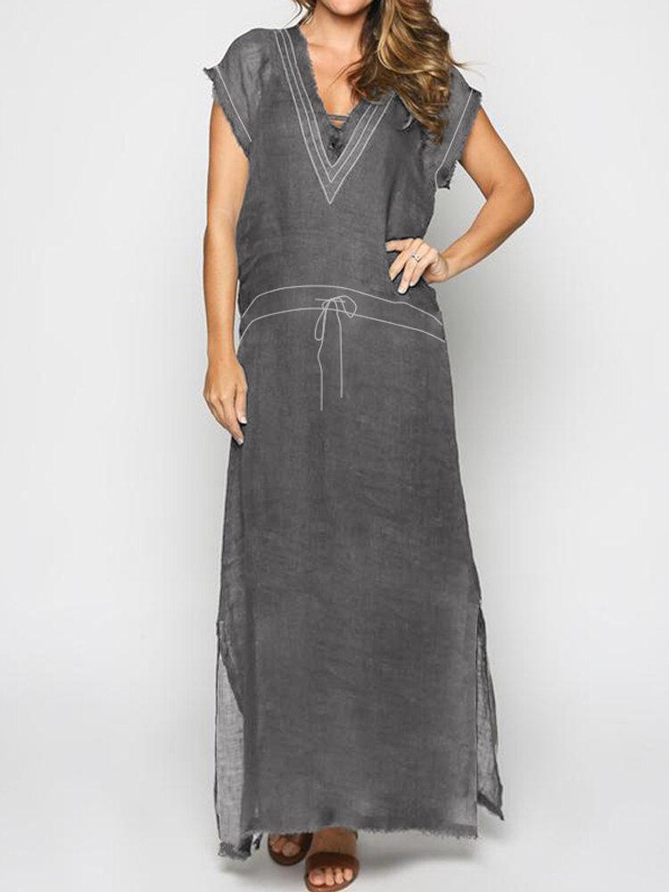 Vintage V Neck Short Sleeve Side Slit Maxi Dress