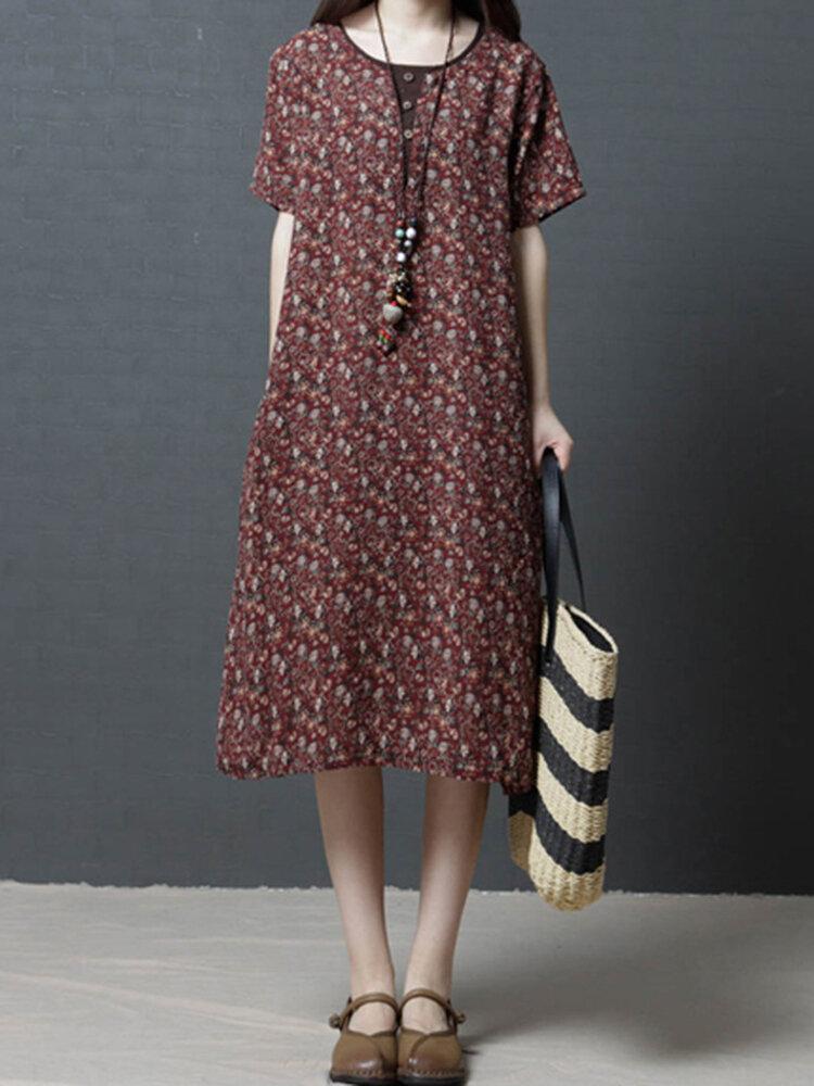 Patchwork Floral Print Button Short Sleeve Vintage Dresses