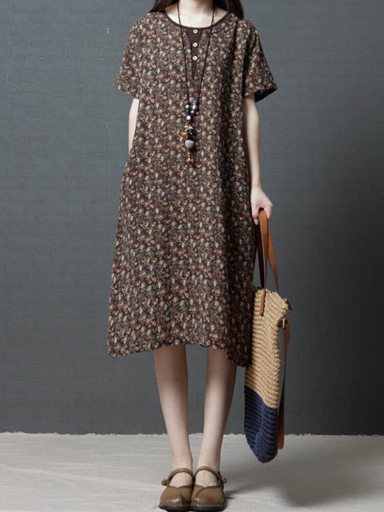 Patchwork Floral Print Button Short Sleeve Vintage Dresses