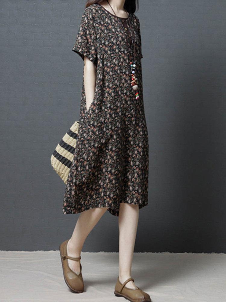 Patchwork Floral Print Button Short Sleeve Vintage Dresses