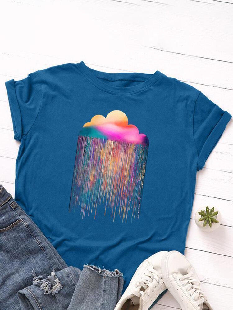 Rainbow Rain Printed Short Sleeve O-neck T-shirt For Women