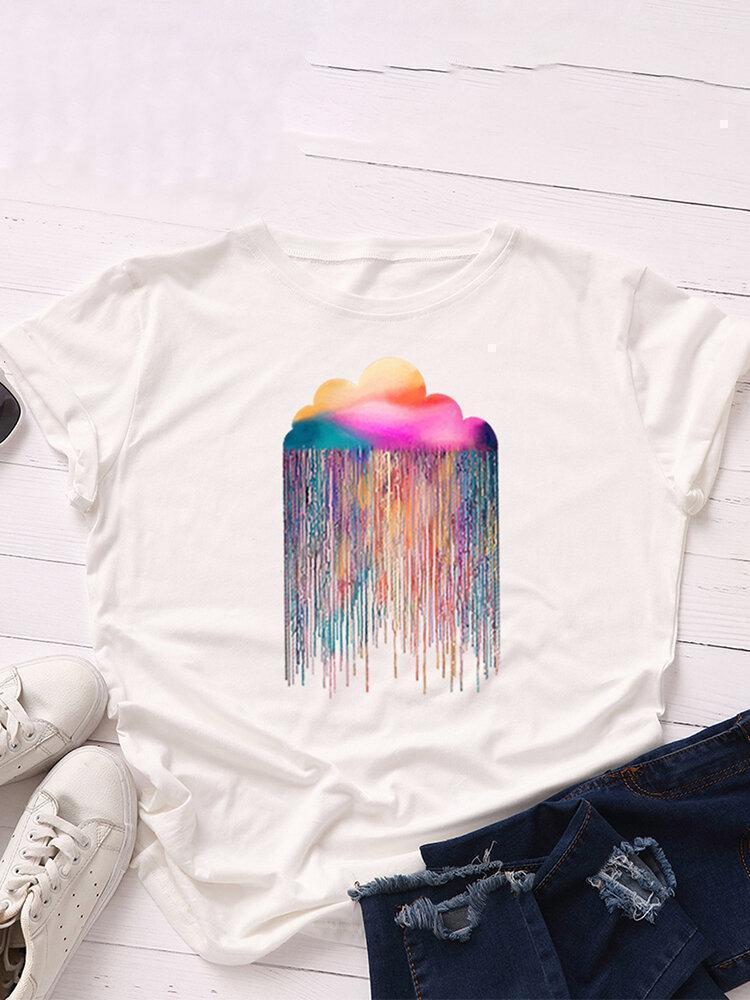 Rainbow Rain Printed Short Sleeve O-neck T-shirt For Women