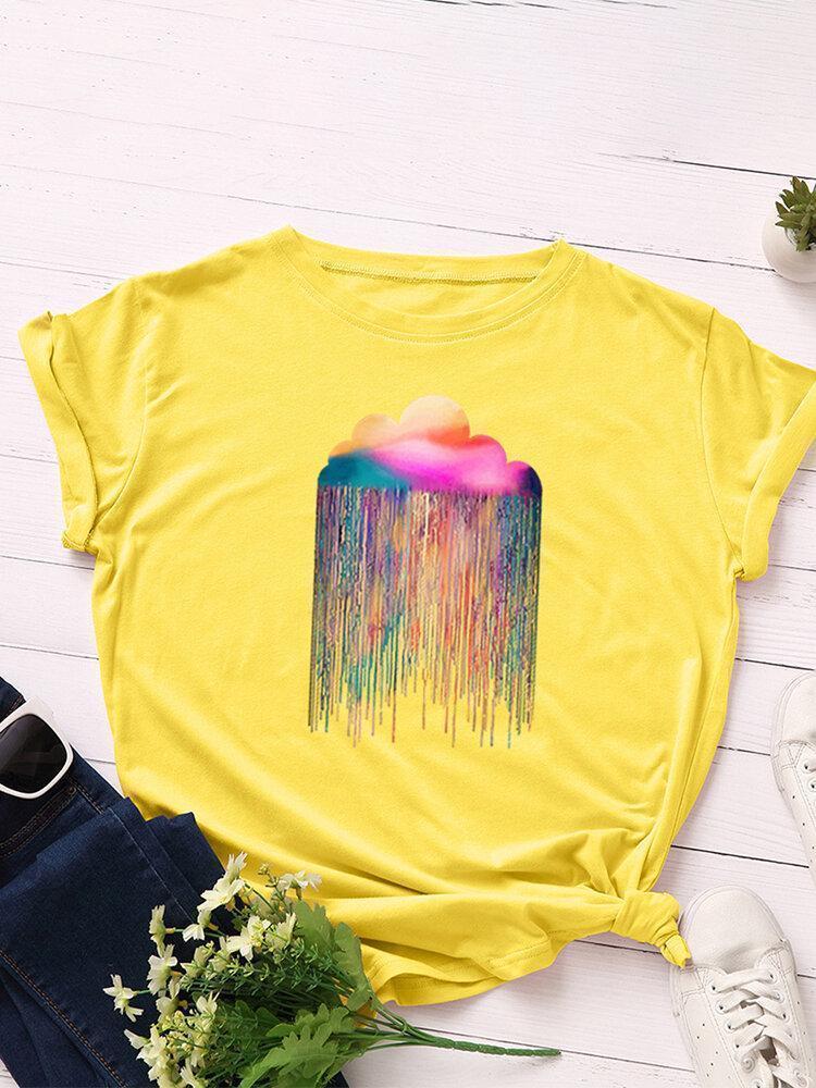 Rainbow Rain Printed Short Sleeve O-neck T-shirt For Women