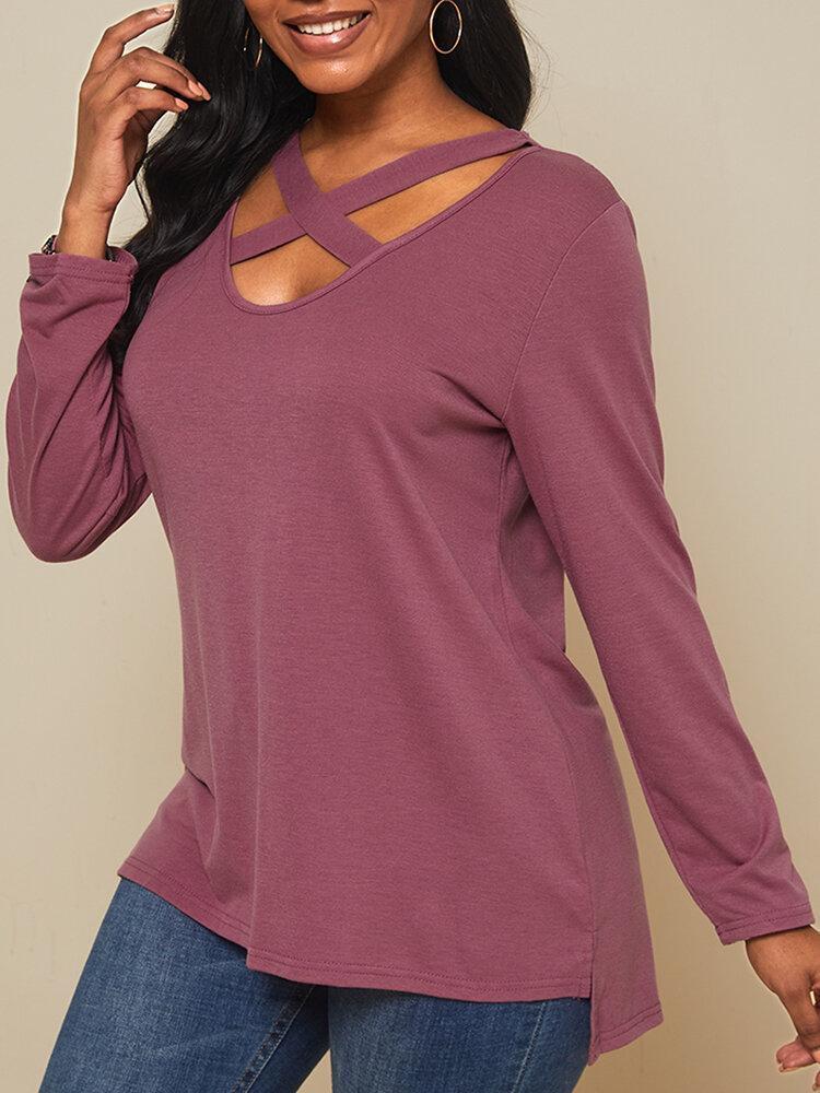 Solid Color Long Sleeve V-neck Casual T-shirt