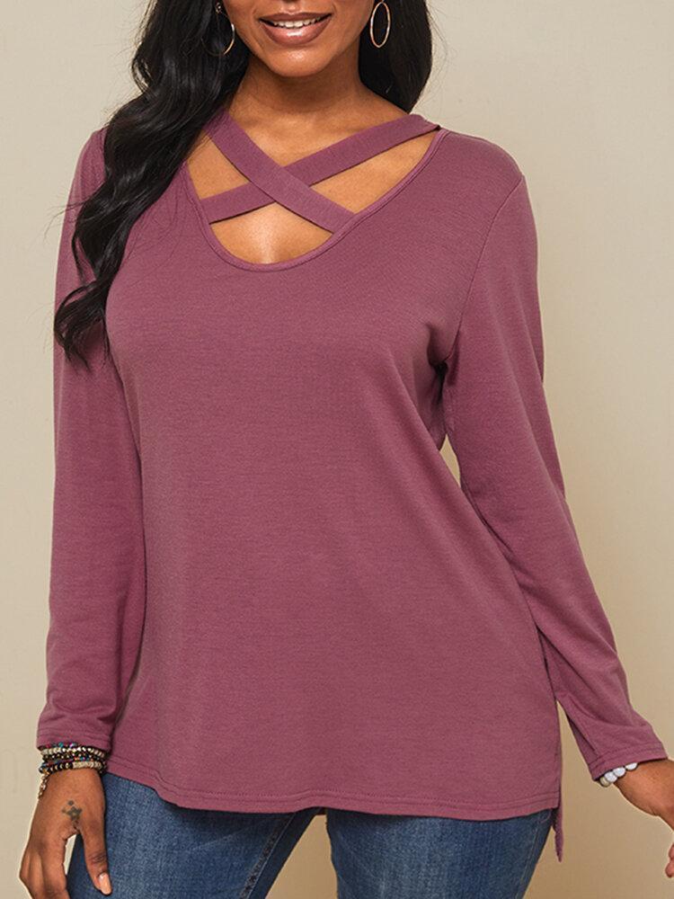 Solid Color Long Sleeve V-neck Casual T-shirt