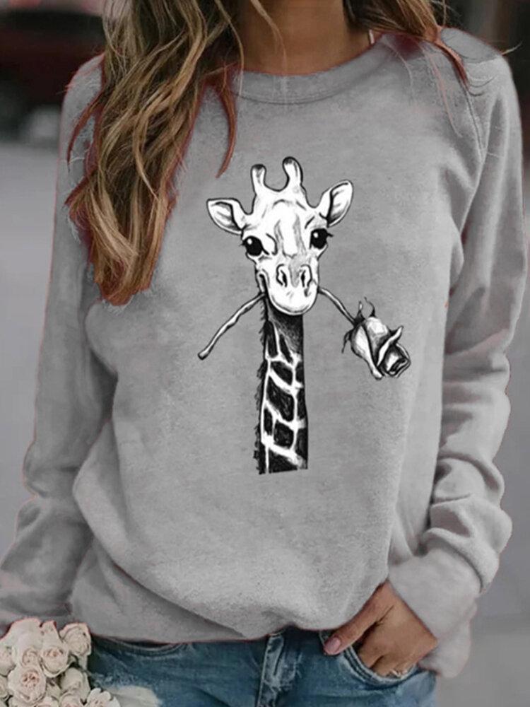 Giraffe Cartoon Print O-neck Casual Long Sleeve Women T-Shirt