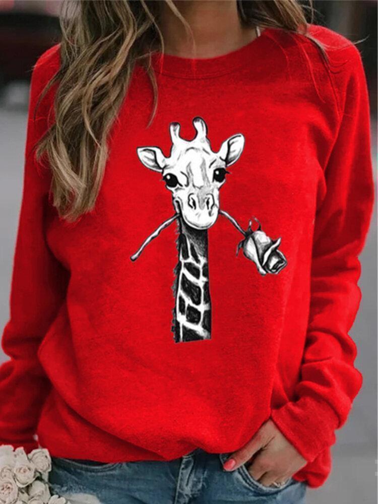 Giraffe Cartoon Print O-neck Casual Long Sleeve Women T-Shirt