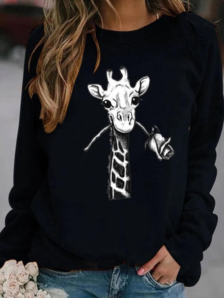 Giraffe Cartoon Print O-neck Casual Long Sleeve Women T-Shirt