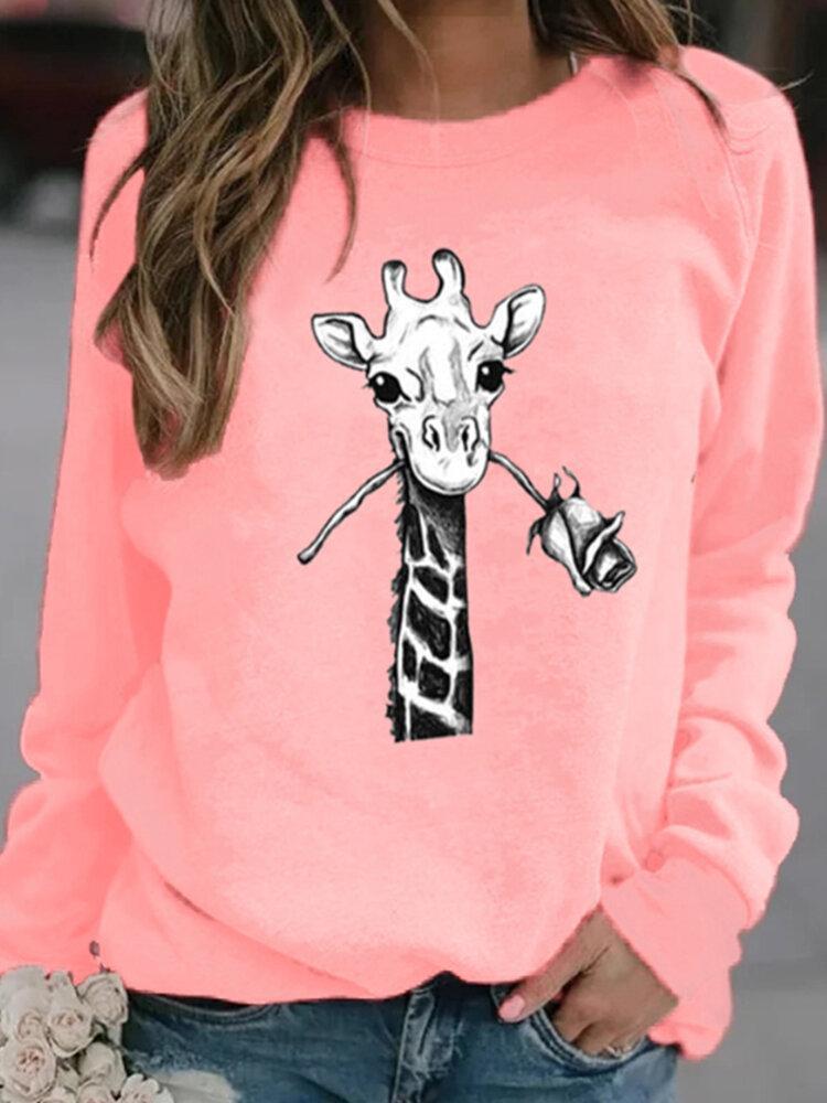 Giraffe Cartoon Print O-neck Casual Long Sleeve Women T-Shirt