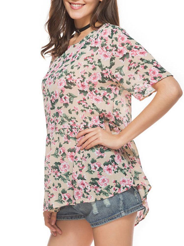 Casual Floral Print Pleated Short Sleeve O-neck Women T-shirt