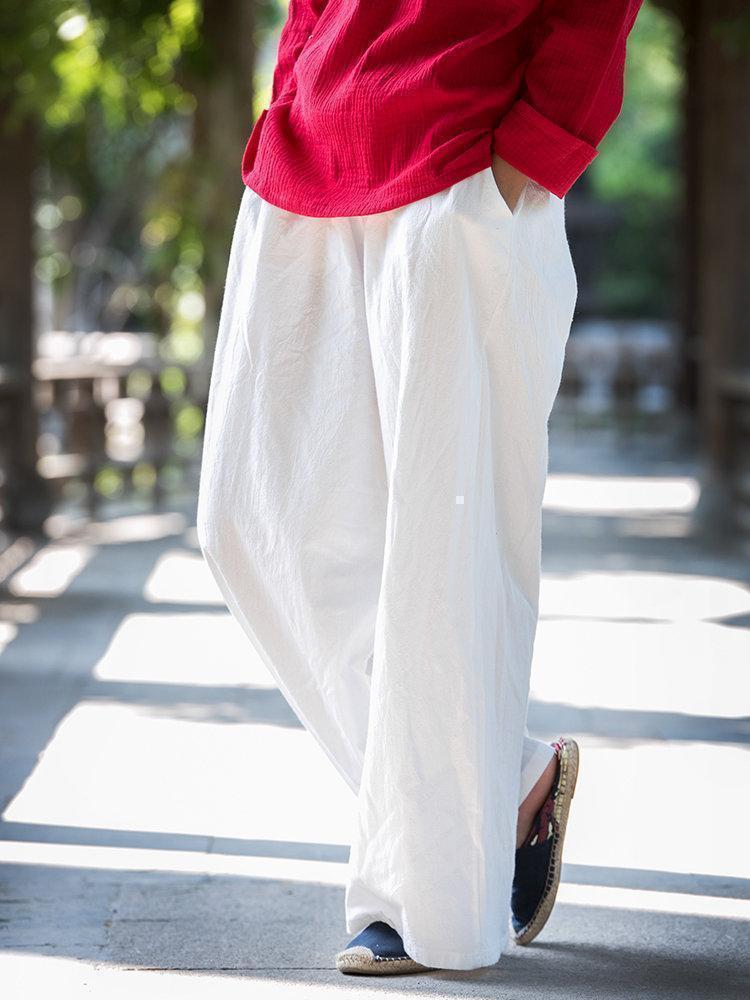 Vintage Women Elastic Waist Pure Color Wide Leg Casual Pants