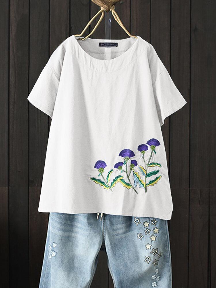 Women Embroidery Short Sleeve Crew Neck Causal T-Shirt