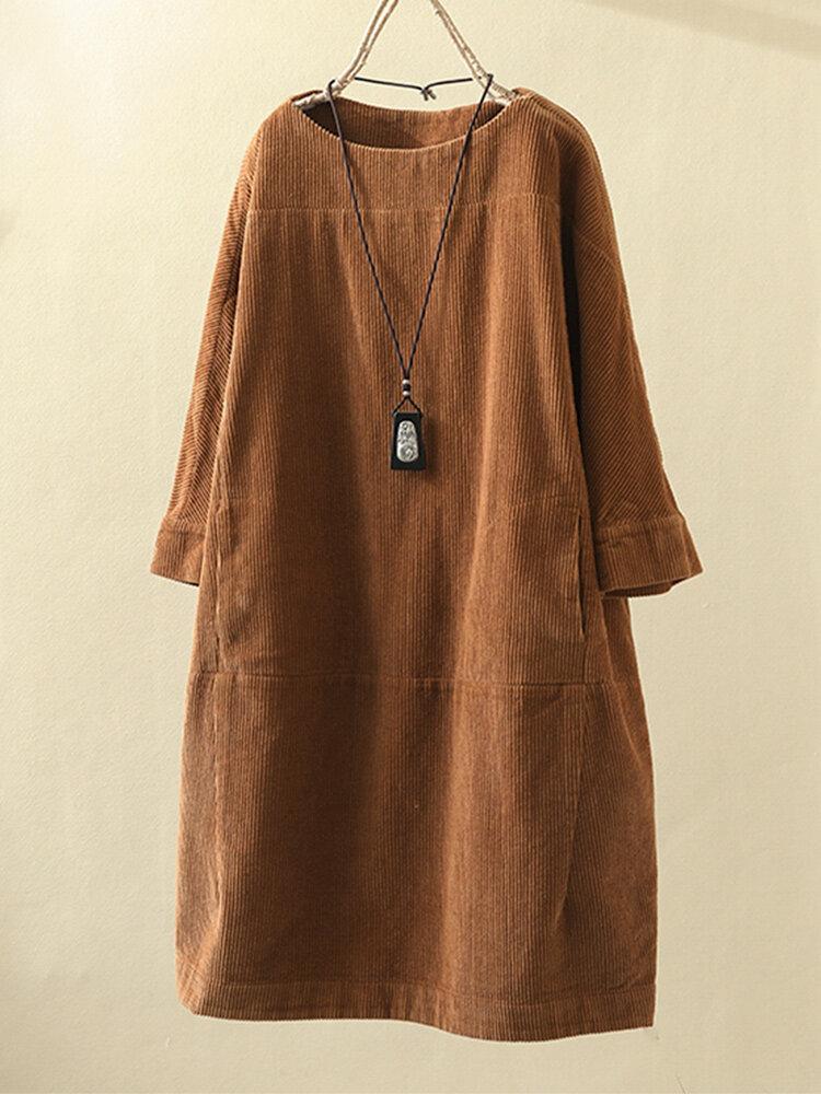 Vintage Pockets Corduroy Solid Color Loose Casual Dress