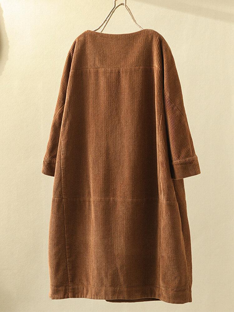 Vintage Pockets Corduroy Solid Color Loose Casual Dress