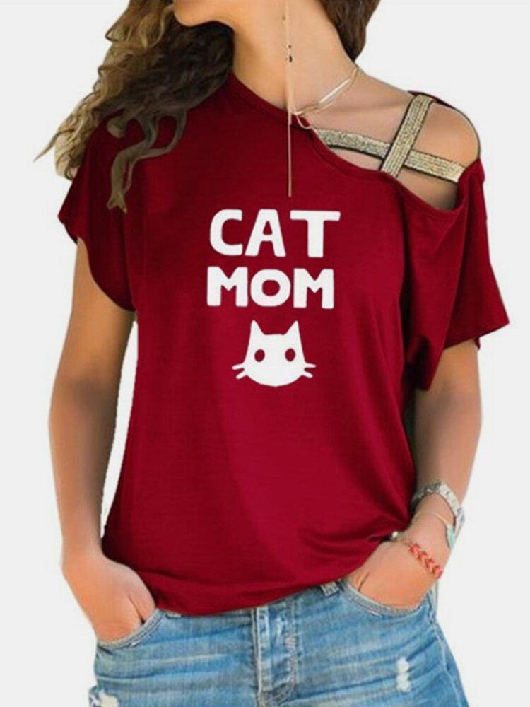 Cat Letter Print Cold Shoulder Short Sleeve T-shirt For Women