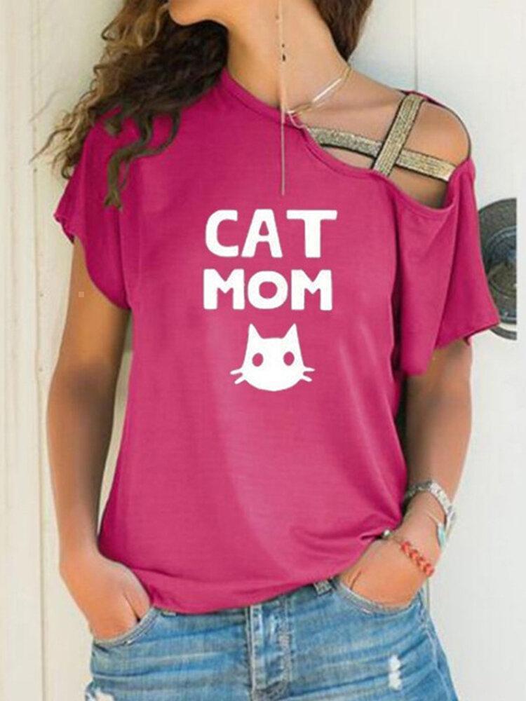 Cat Letter Print Cold Shoulder Short Sleeve T-shirt For Women