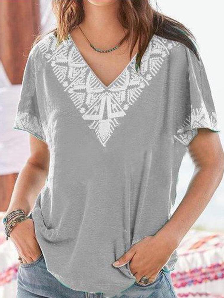 Vintage Printed V-neck Short Sleeve Casual T-shirt For Women