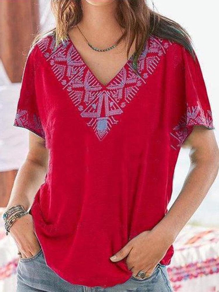 Vintage Printed V-neck Short Sleeve Casual T-shirt For Women