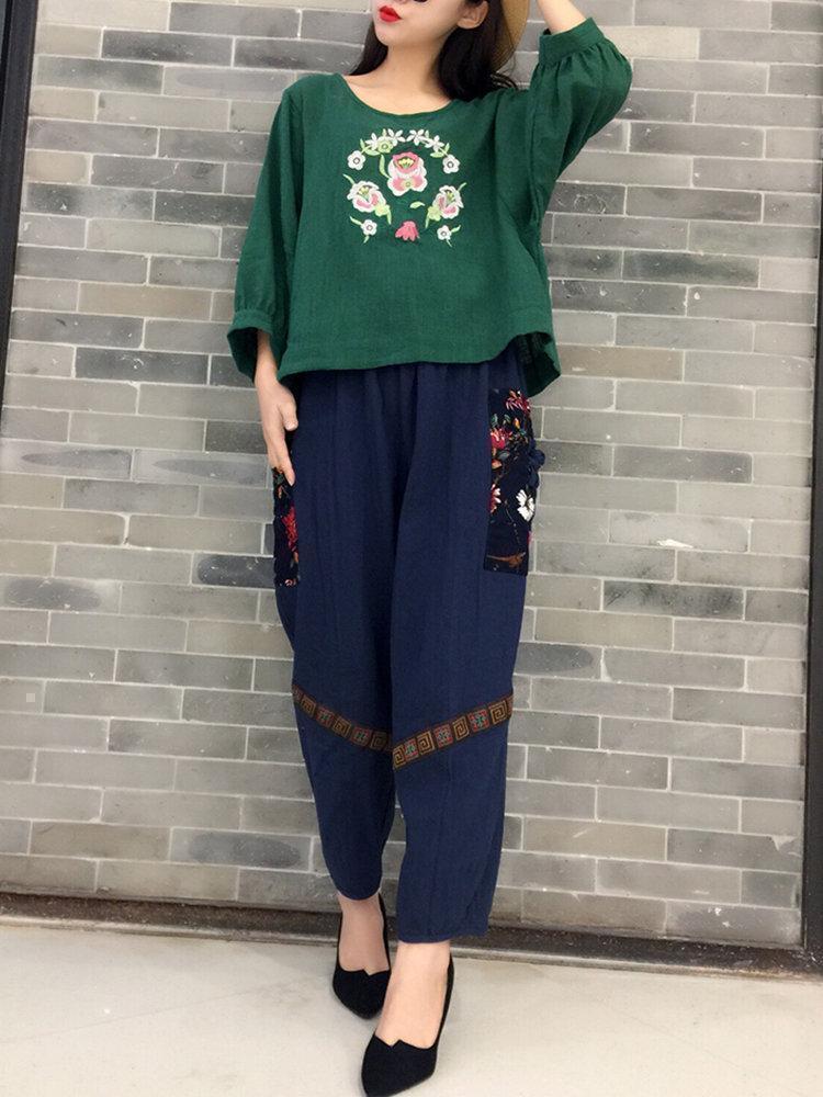 Folk Style Floral Print Patchwork Elastic Waist Vintage Pants