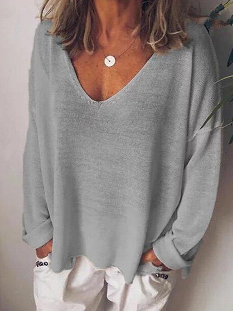 Casual V-Neck Solid Long Sleeve Shirt & Top