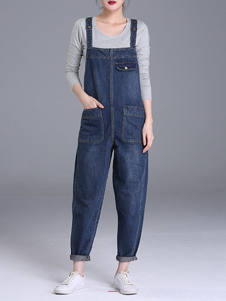 Casual Denim Pockets Rompers For Women