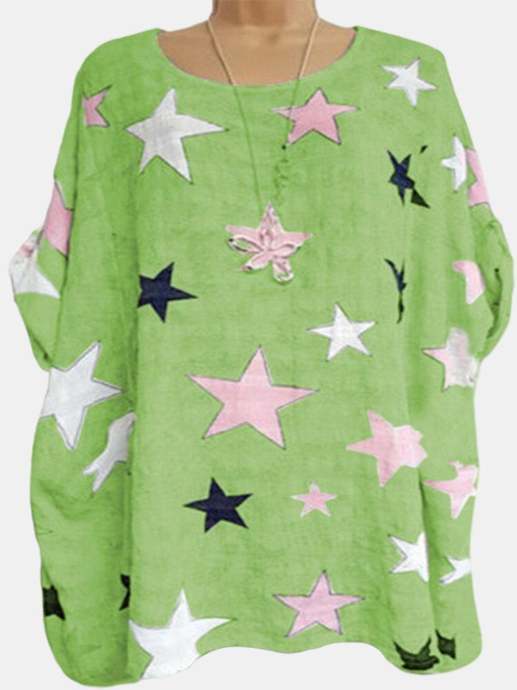 Star-shaped Printed Short Sleeve O-neck T-Shirt For Women