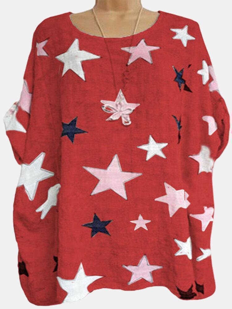 Star-shaped Printed Short Sleeve O-neck T-Shirt For Women