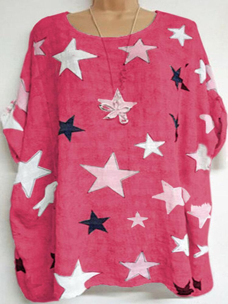 Star-shaped Printed Short Sleeve O-neck T-Shirt For Women