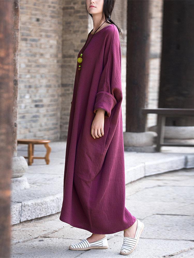 Women Vintage Batwing Sleeve Pure Color Maxi Dresses