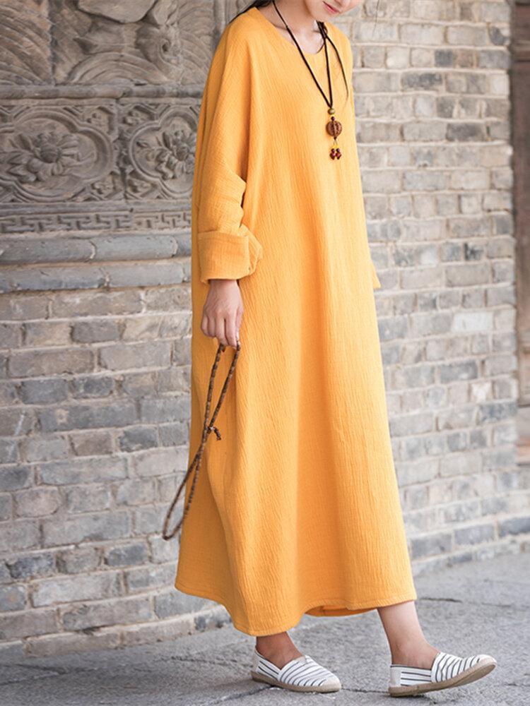 Women Vintage Batwing Sleeve Pure Color Maxi Dresses