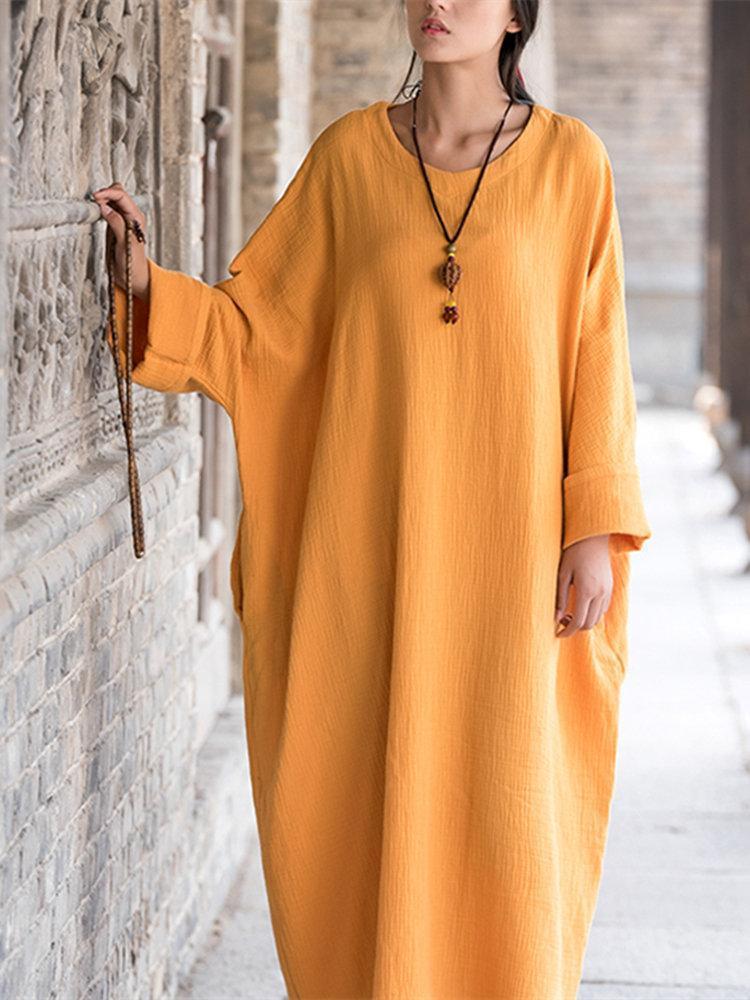 Women Vintage Batwing Sleeve Pure Color Maxi Dresses