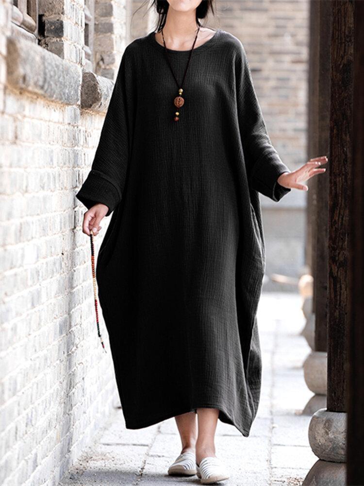 Women Vintage Batwing Sleeve Pure Color Maxi Dresses