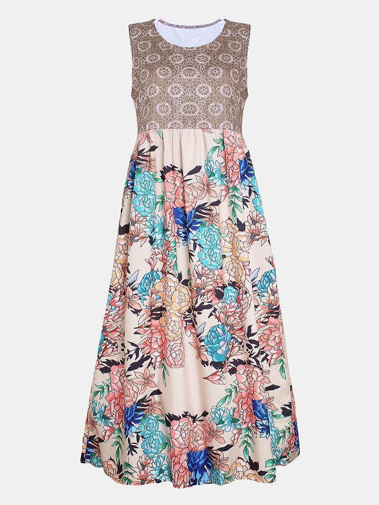 Vintage Floral Printed O-neck Sleeveless Maxi Dress