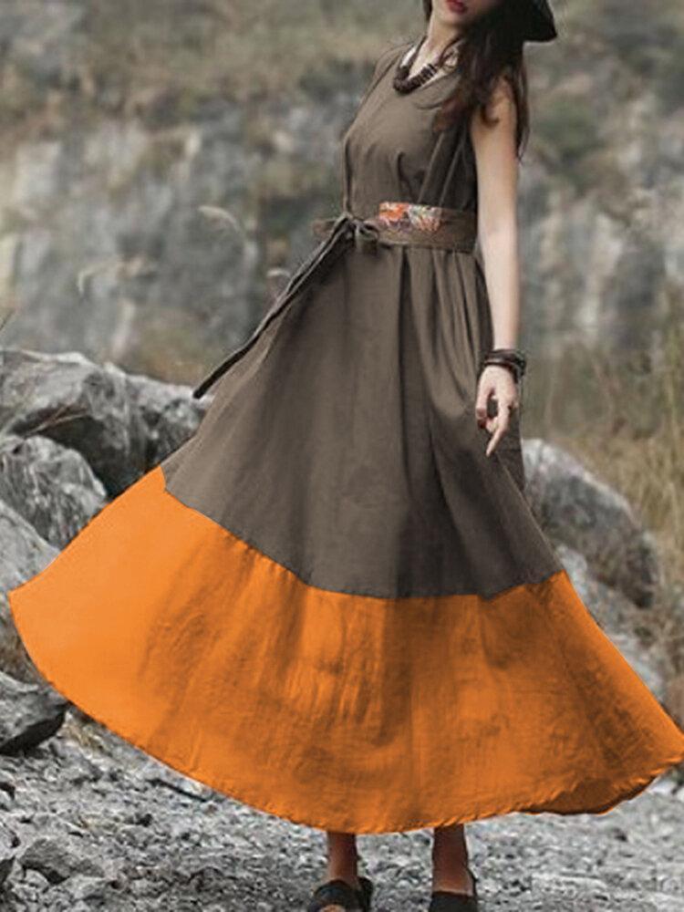 Vintage Solid Color Block Sleeveless Maxi Dress