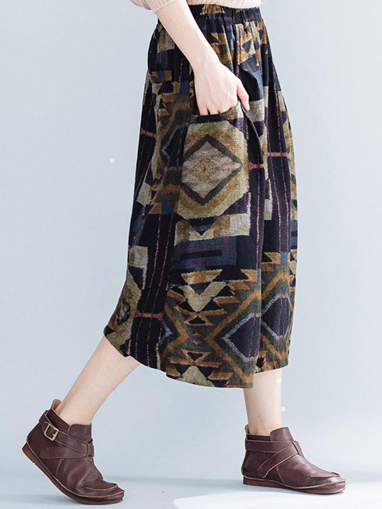 Geometric Print Folk Style Elastic Waist Skirt