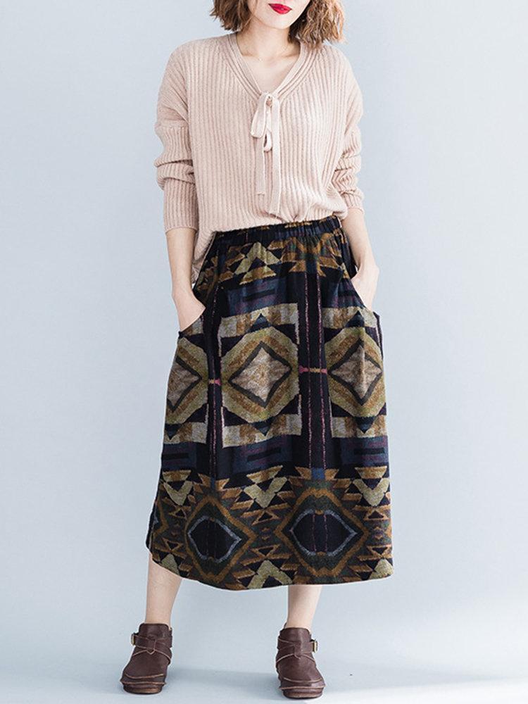 Geometric Print Folk Style Elastic Waist Skirt