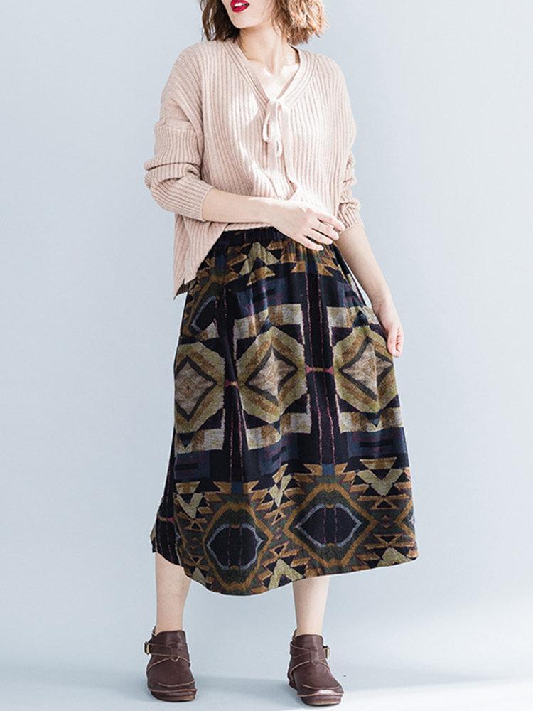 Geometric Print Folk Style Elastic Waist Skirt