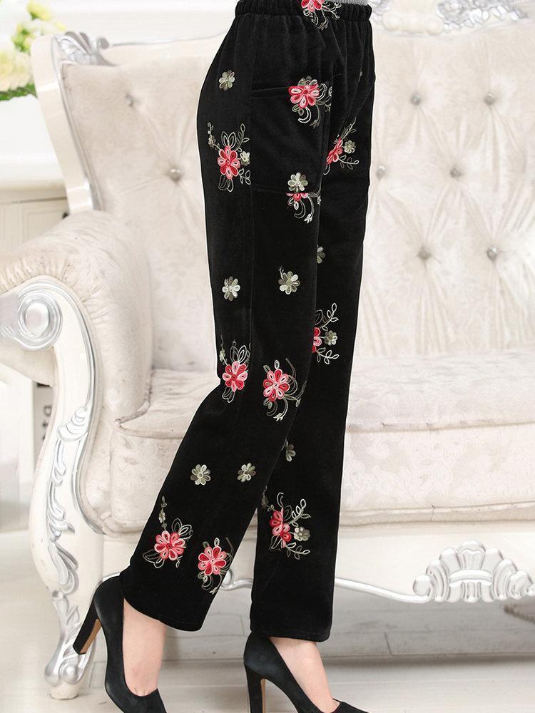 Velvet Embroidered Elastic Waist Trousers